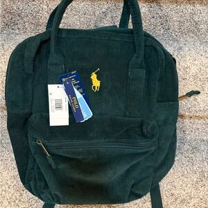 Polo by Ralph Lauren Dark Green Corduroy Backpack with Yellow Pony Logo